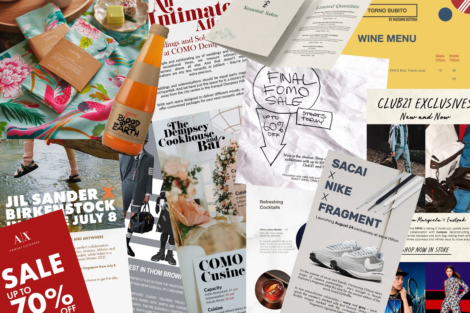 Campaign print collateral laid out together: menus, sale posters and launch pieces