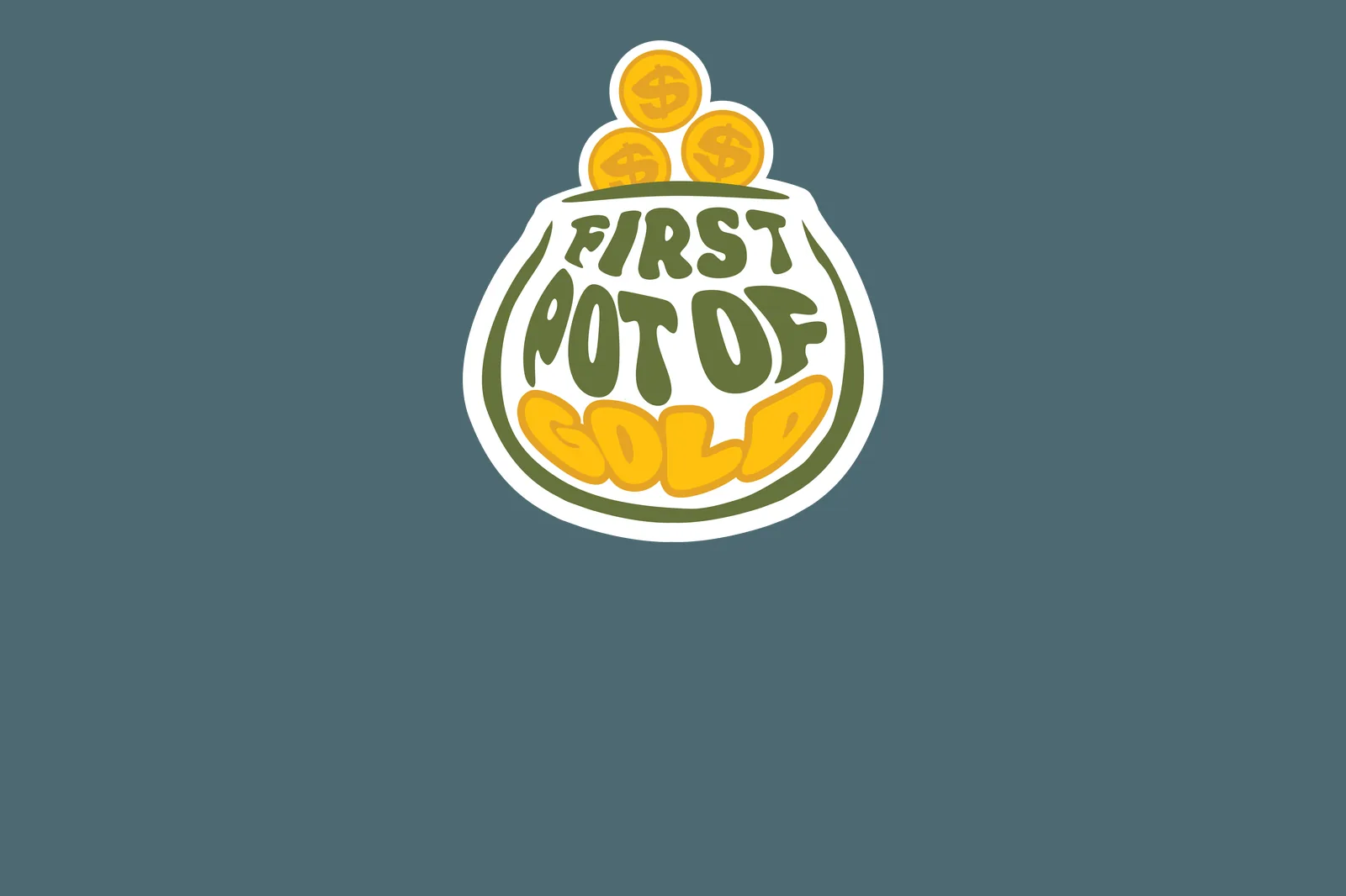 Podcast logo: a pot of gold coins lettered in rounded retro type