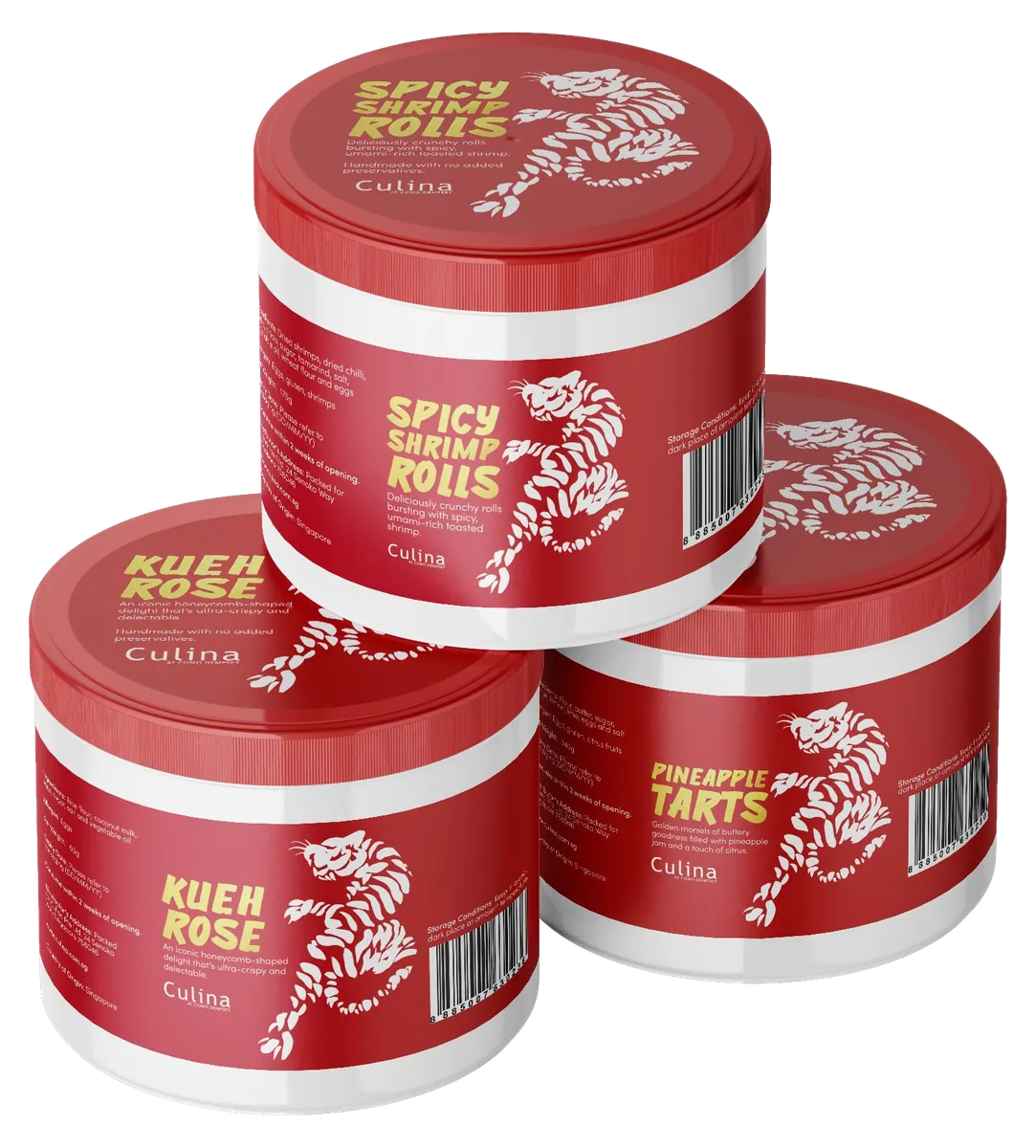 Red Culina snack tins with a white tiger illustration
