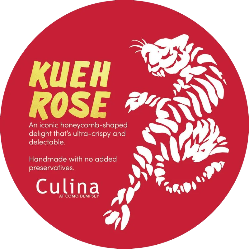 A round red label for Kueh Rose with a white tiger illustration