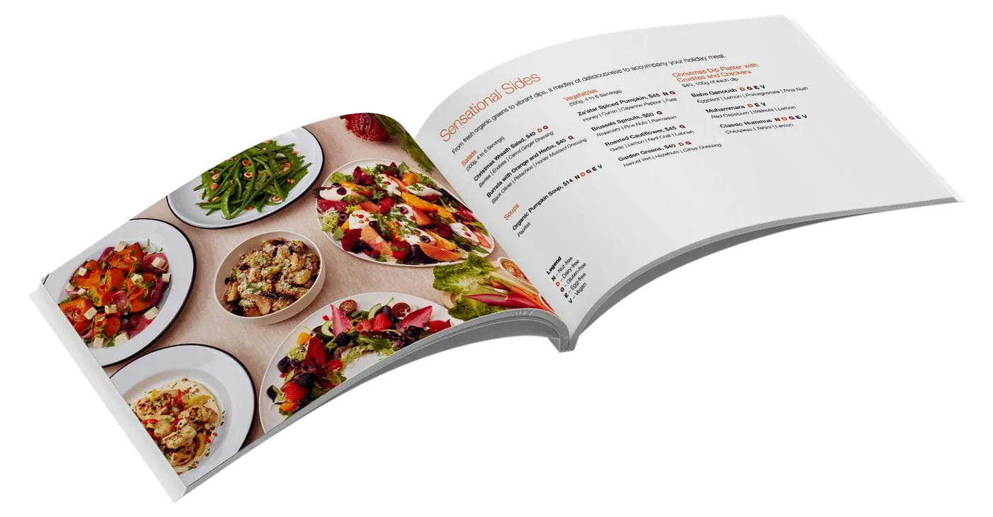 An open SuperNature catalogue: food photography on one page, descriptions on the other