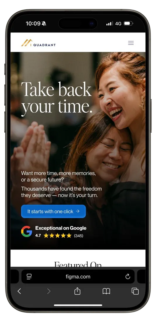 Version 2: the header Take back your time, visitor-focused copy, a call to action and a Google rating