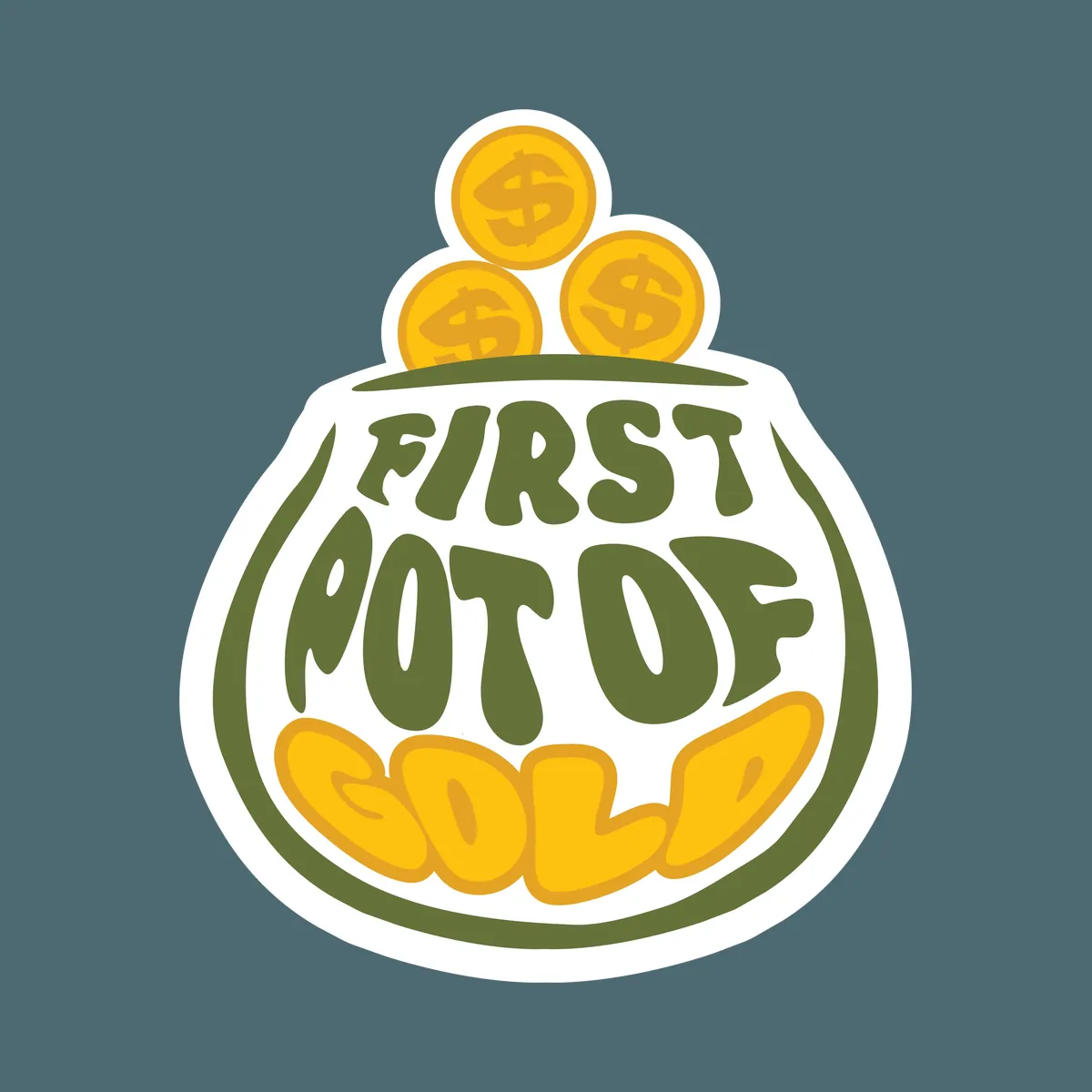 The final mark: rounded lettering in a pot with gold coins on top, as a sticker