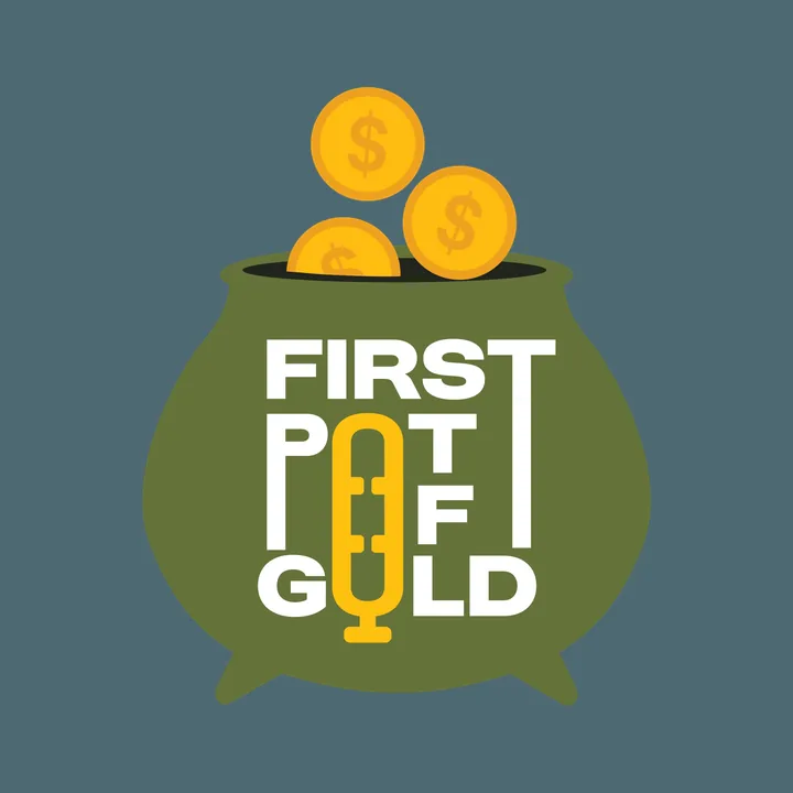Logo direction: stacked wordmark with a microphone as the O, coins above the pot