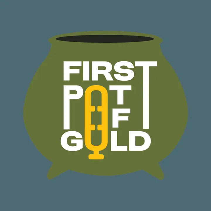 Logo direction: stacked wordmark with a microphone as the O, inside a green pot