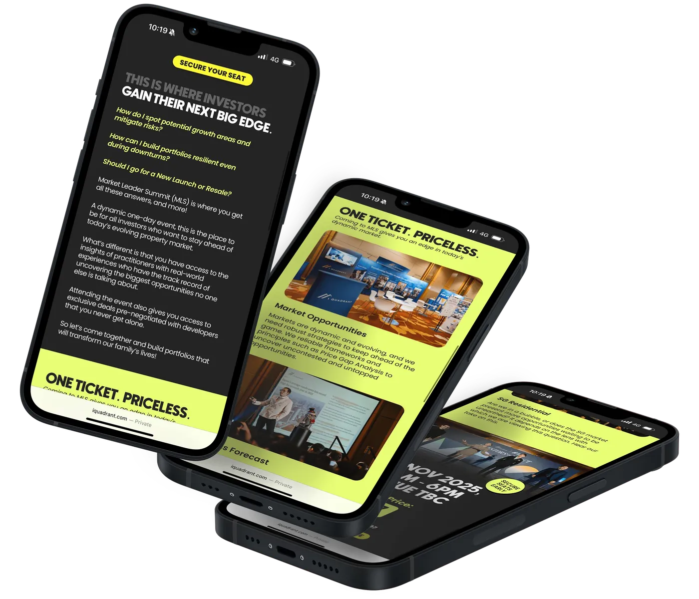 Three phones showing sections of the summit landing page in black and lime